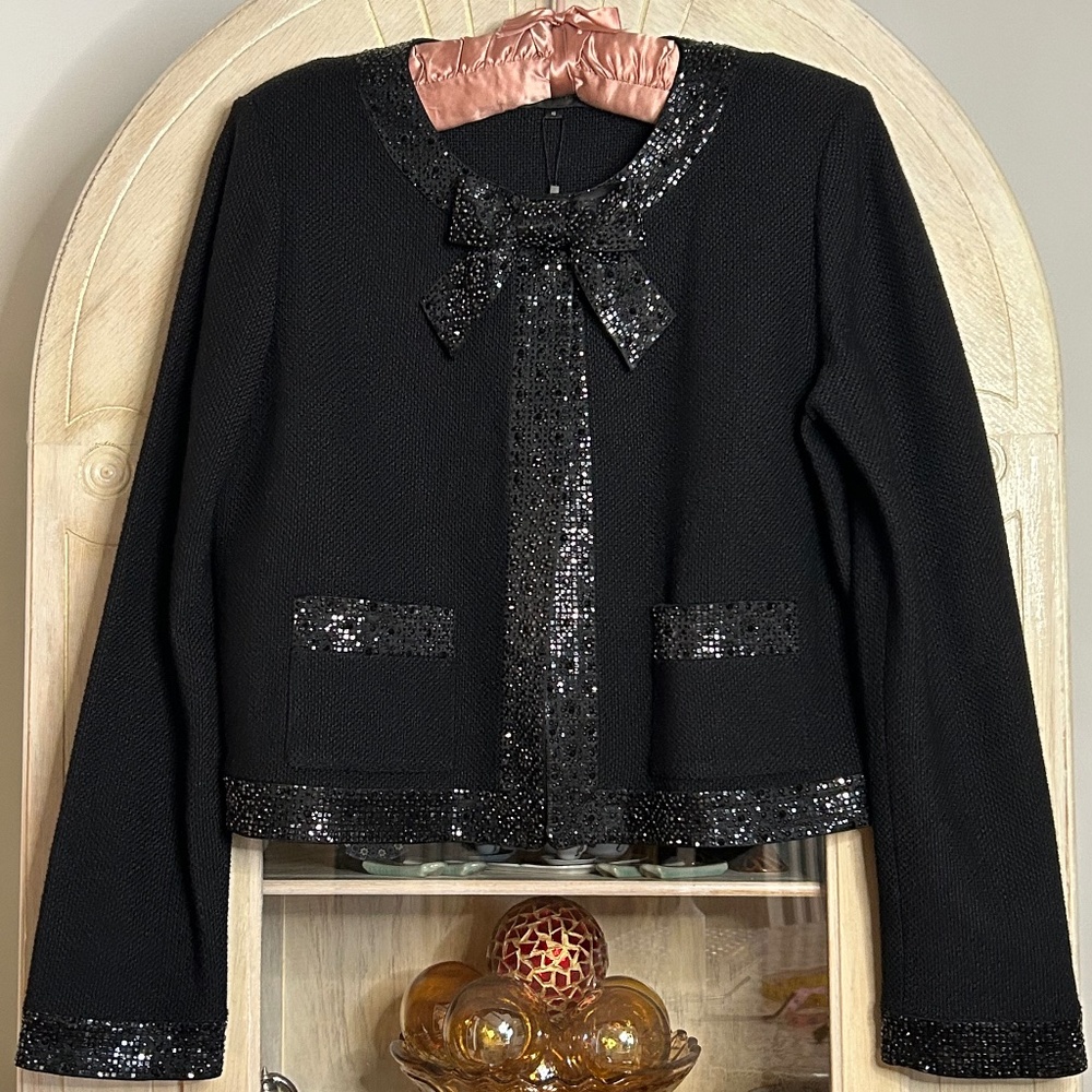 St. John Evening Black Scoop Neck Jacket w/ Crystal Bow, Size 10